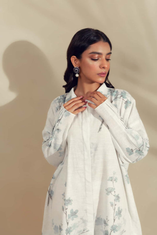 Standing Model wearing Azure a printed cotton shirt